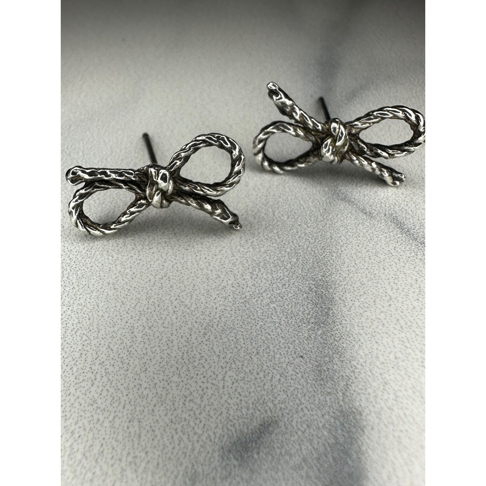 Sterling Silver Bow Stud Earrings Textured Rope Ribbon Vintage Style Silver